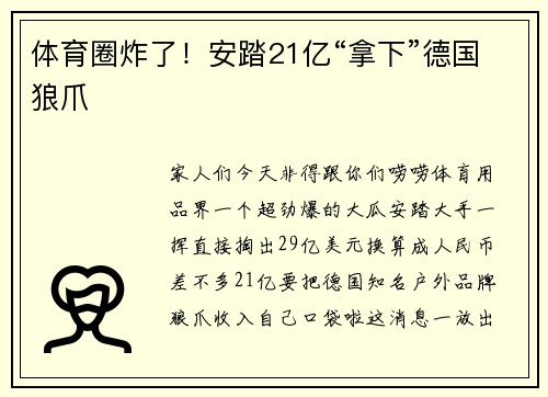 体育圈炸了！安踏21亿“拿下”德国狼爪